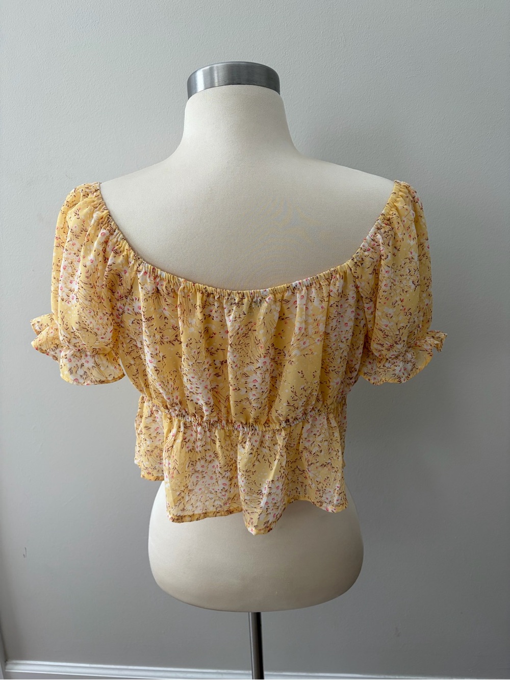 Love Tree Yellow Floral Tie-Front Puff Sleeve Crop Top M Cottagecore Coquette - Picture 3 of 9